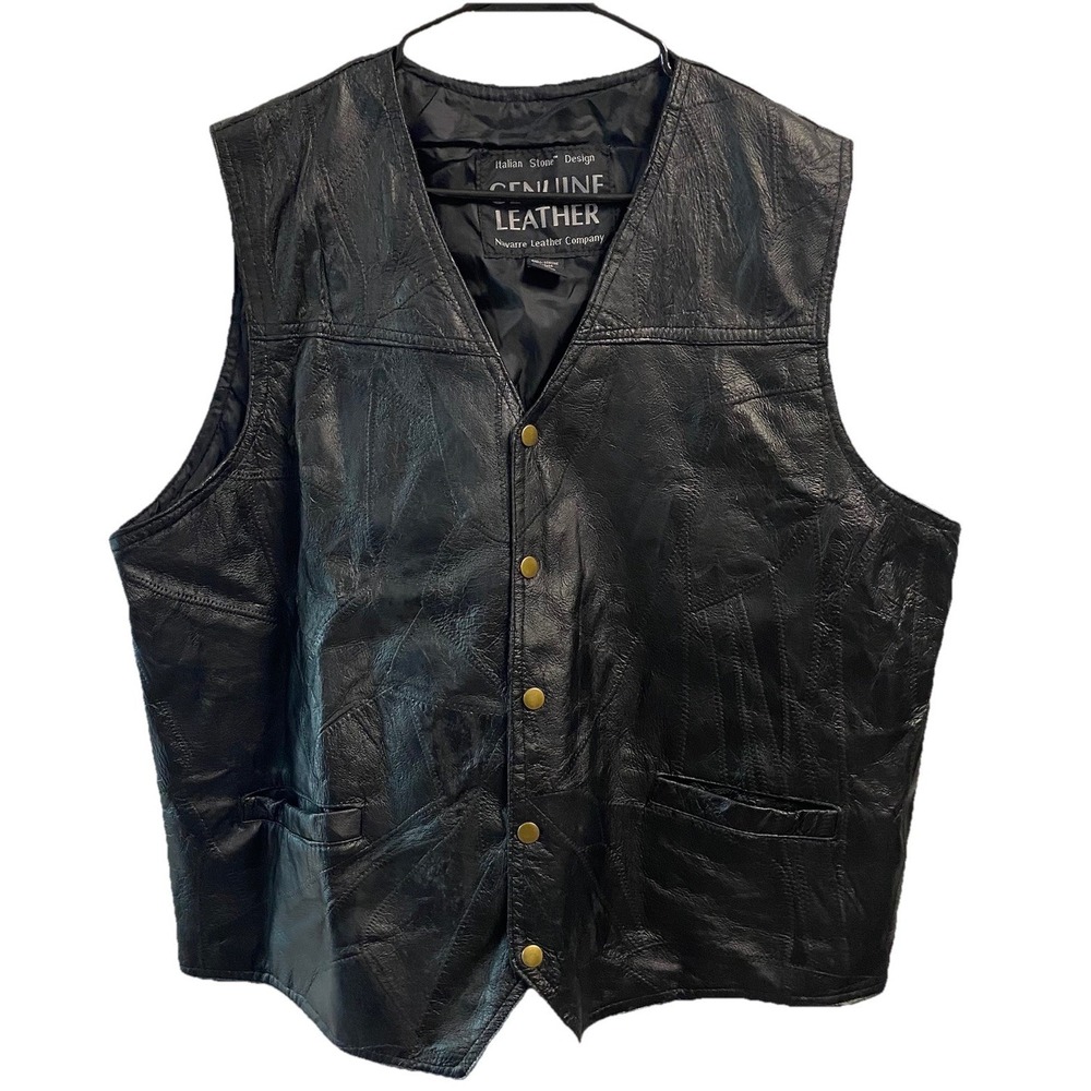 Giovanni Navarre Italian‎ Stone Men's Black Leather Biker Vest Patchwork XXL